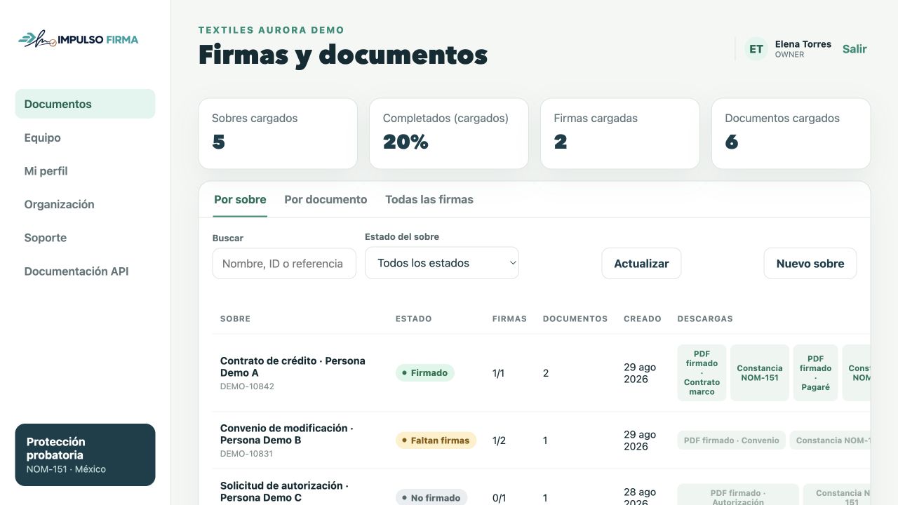 Panel de documentos de Impulso Firma con estados, firmantes y constancias