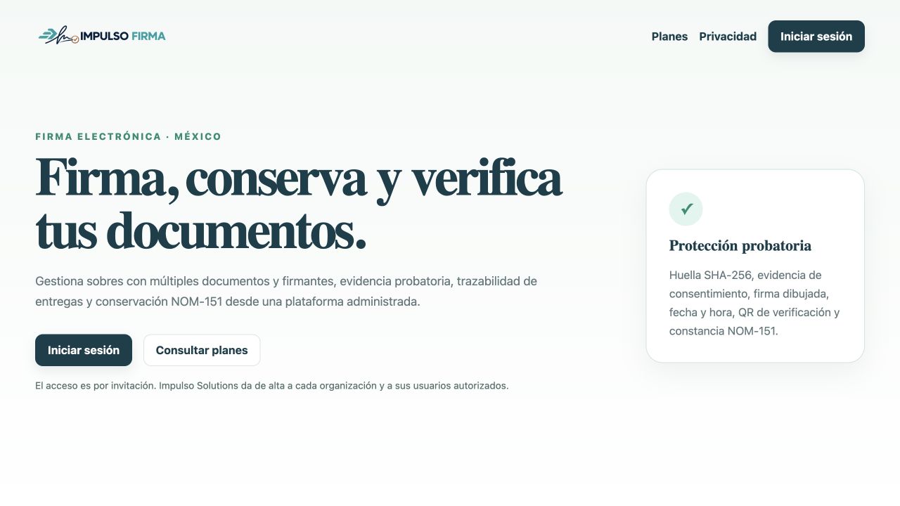 Portada pública de Impulso Firma con beneficios de protección probatoria